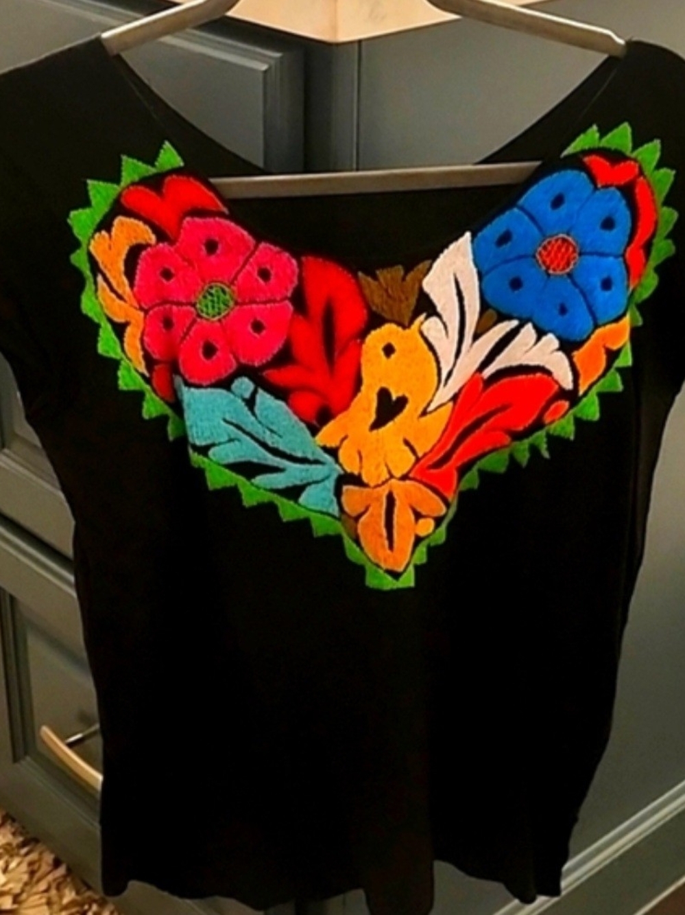 Black Women's Blouse with Multicolor Floral Embroidery